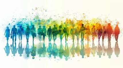 A minimal-style vector clipart features a community of people depicted in one-color silhouettes. The silhouettes are elegantly designed in a harmonious palette of grey, blue, and green, representing d