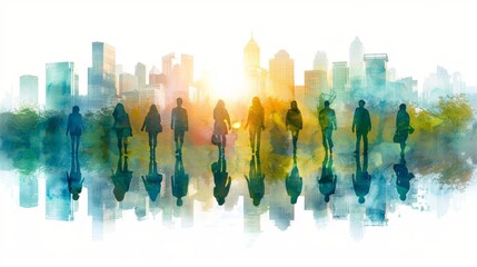 A minimal-style vector clipart features a community of people depicted in one-color silhouettes. The silhouettes are elegantly designed in a harmonious palette of grey, blue, and green, representing d