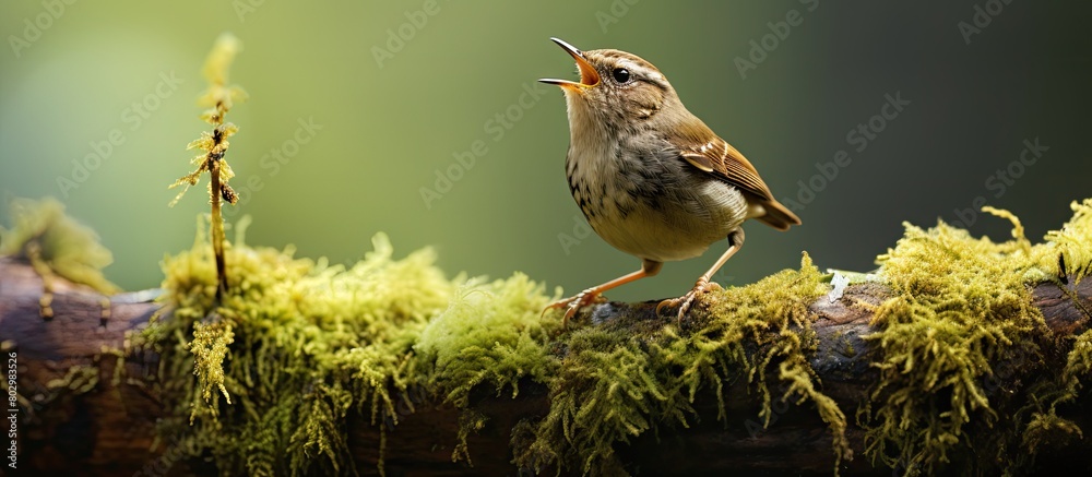 Poster a eurasian wren scientifically known as troglodytes troglodyte sings on a moss covered branch in the