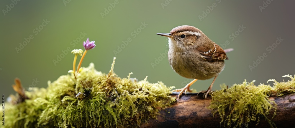 Poster a eurasian wren scientifically known as troglodytes troglodyte sings on a moss covered branch in the