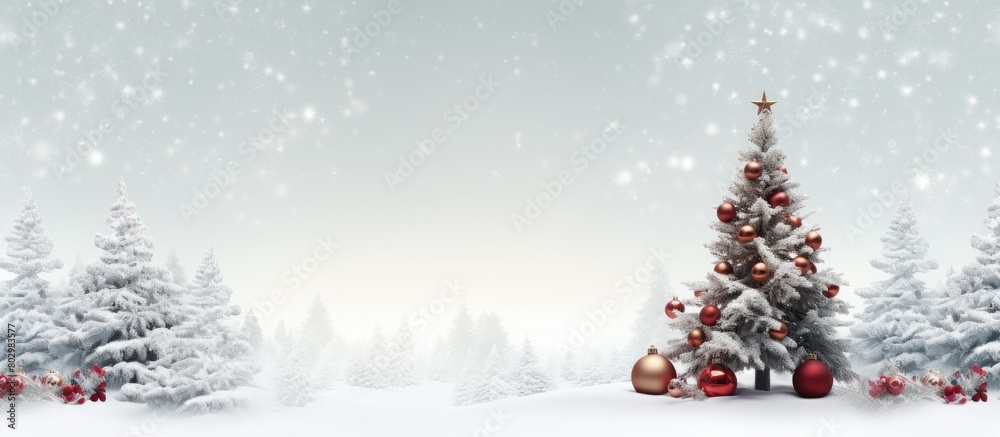 Poster A Christmas greeting card with a festive Noel background and New Year symbols It features decorations on a Christmas and New Year s tree set against a white snowy backdrop Includes copy space image