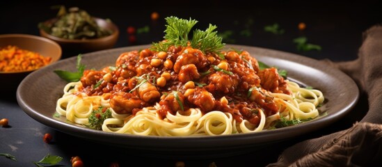 A delectable dish of pasta with a rich sauce made from smoked paprika powder tender meat succulent chicken flavorful gambas and hearty chickpeas. with copy space image - obrazy, fototapety, plakaty