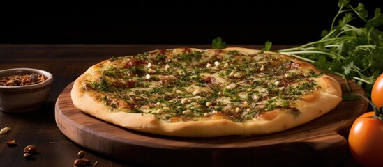 A copy space image of a traditional Lebanese pastry known as Thyme Lebanese PIZZA
