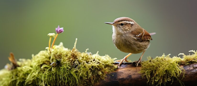 A Eurasian wren scientifically known as troglodytes troglodyte sings on a moss covered branch in the nature during the spring season The small brown bird sits on a twig with its beak wide open creati