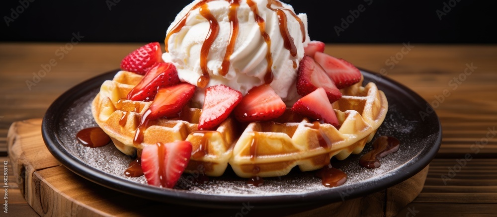 Fototapete a delicious strawberry waffle topped with whipped cream and vanilla ice cream drizzled with honey sy