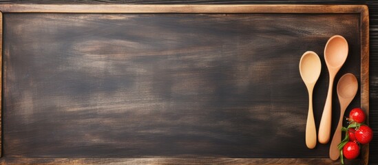 A copy space image of a blackboard placed on a rustic wooden surface with serving spoons nearby - obrazy, fototapety, plakaty