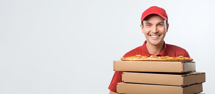 A cheerful Caucasian delivery man dressed in a uniform holds pizza filled cardboard boxes This image represents shipping and logistics He confidently gazes at the camera in a studio with a white back