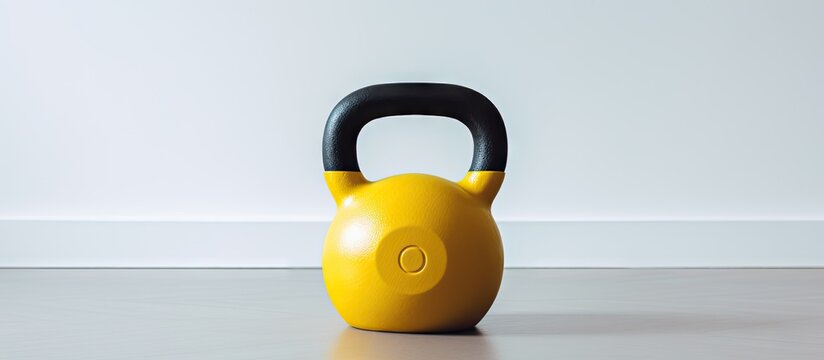 A black kettlebell featuring vibrant yellow markings is showcased on a clean white backdrop allowing room for copy or other visual elements. with copy space image. Place for adding text or design