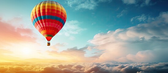 Obraz premium A captivating copy space image captures a hot air balloon as it soars above providing a mesmerizing view from a unique perspective