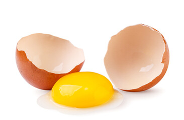 Broken chicken egg close-up on a white background.