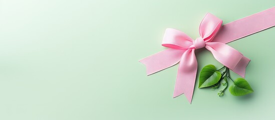 A cute Valentine s Day gift for a girl featuring a heart shaped leaf in green and a hot pink ribbon tied in a bow The composition is set against a soft pastel green backdrop creating a minimal and cr