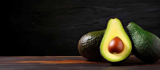 A copy space image featuring two avocados beautifully arranged on a dark brown board providing ample space for text or graphics