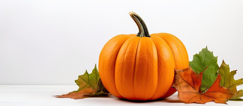 A copy space image of a white background featuring a freshly harvested pumpkin adorned with vibrant leaves