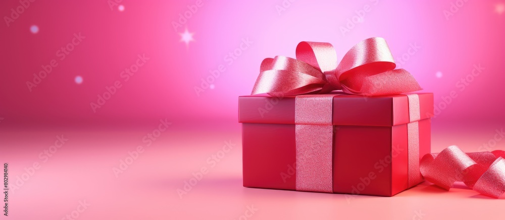Poster A copy space image featuring a red gift box with a ribbon bundle placed on a vibrant pink background