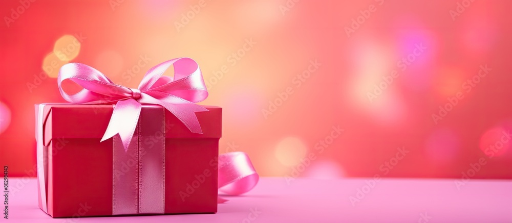 Poster A copy space image featuring a red gift box with a ribbon bundle placed on a vibrant pink background