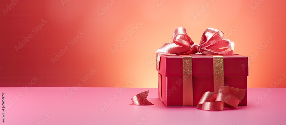 Poster a copy space image featuring a red gift box with a ribbon bundle placed on a vibrant pink background