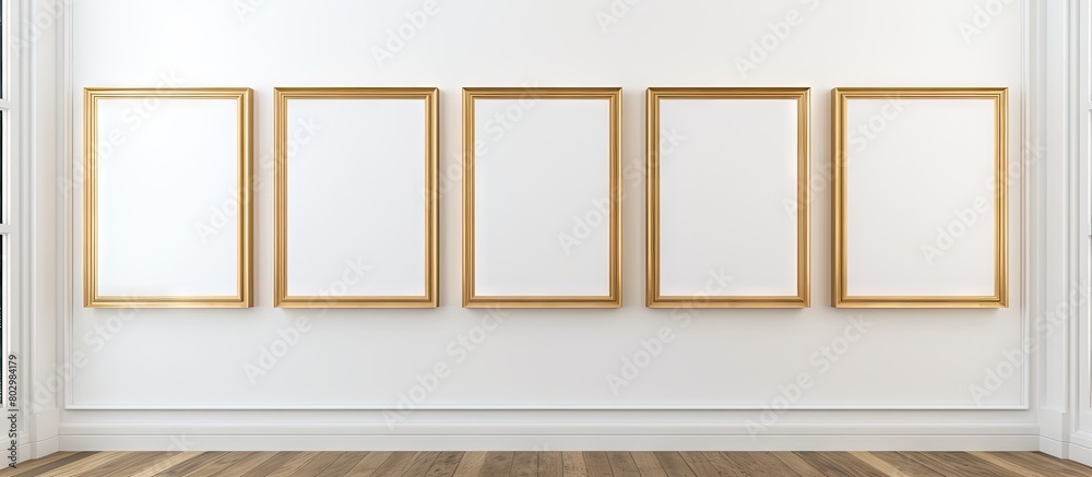 Poster A copy space image of a mock up with a golden frame displayed on a white wall