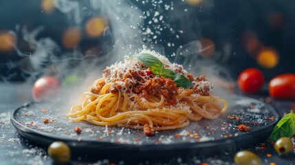 A cinematic top-view shot captures a meticulously arranged plate of spaghetti Bolognese on a sleek black stone surface. Cheese shavings, falling from above, lightly dust the steaming, rich pasta, whil