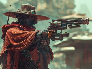 A cinematic still frames a cyberpunk cowboy warrior monk, standing tall in a futuristic dystopian cityscape. Neon lights and holographic signs illuminate his presence, casting a glow on his worn leath