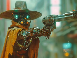 A cinematic still frames a cyberpunk cowboy warrior monk, standing tall in a futuristic dystopian cityscape. Neon lights and holographic signs illuminate his presence, casting a glow on his worn leath