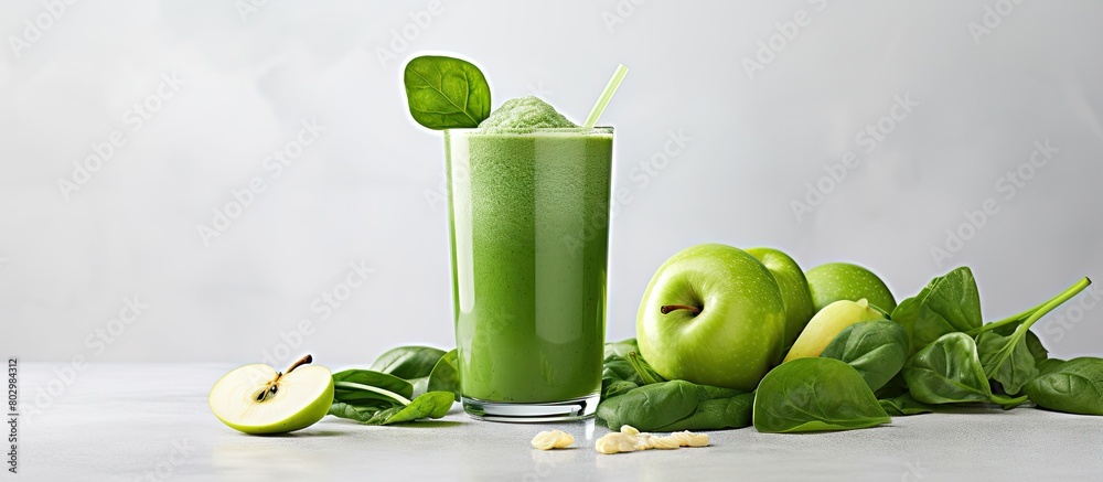 Poster A copy space image of an apple and spinach smoothie set against a white textured background