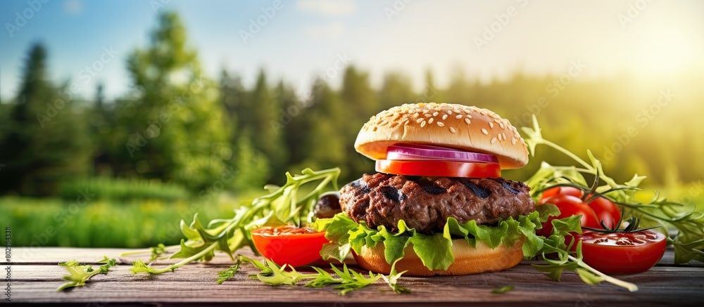 Poster a classic american dish a juicy beef burger topped with arugula tomato cucumber and sauce served on 