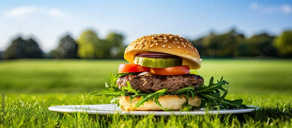 Poster a classic american dish a juicy beef burger topped with arugula tomato cucumber and sauce served on 