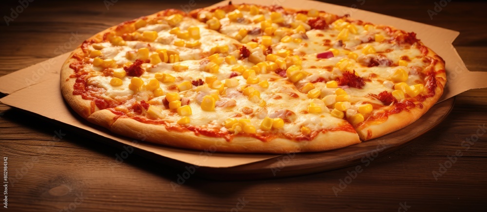 Poster a delicious pizza with golden corn and a generous amount of mozzarella cheese beautifully presented 
