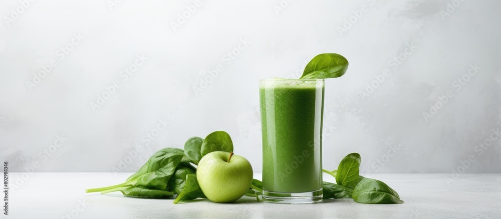Poster A copy space image of an apple and spinach smoothie set against a white textured background