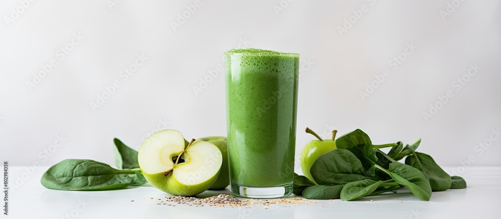 Poster A copy space image of an apple and spinach smoothie set against a white textured background