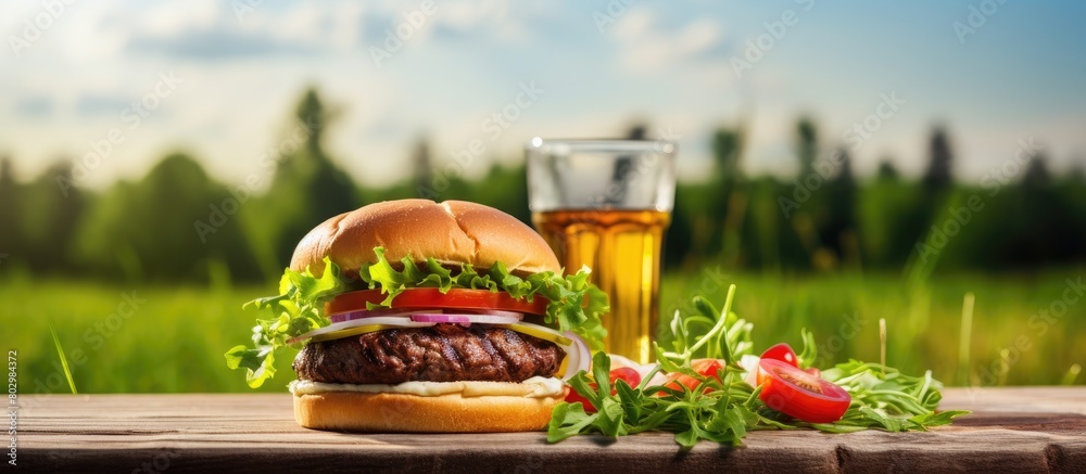 Poster a classic american dish a juicy beef burger topped with arugula tomato cucumber and sauce served on 