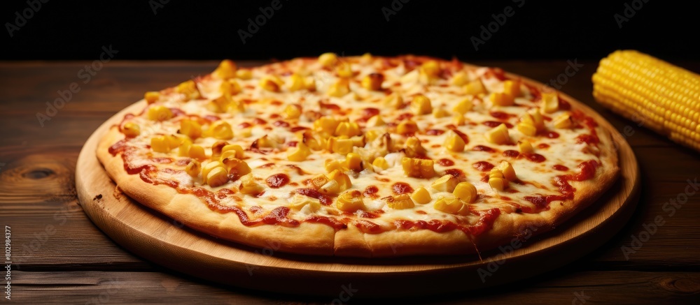 Poster a delicious pizza with golden corn and a generous amount of mozzarella cheese beautifully presented 