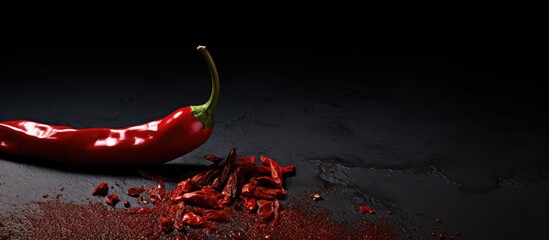 A copy space image featuring a food concept highlighting a dried red chili pepper - obrazy, fototapety, plakaty