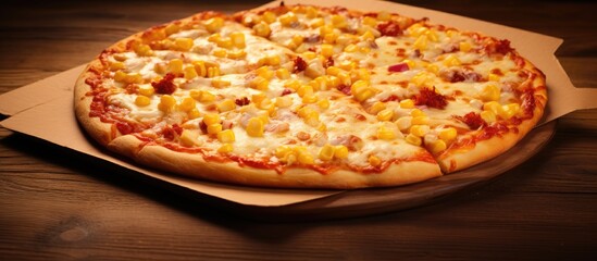 A delicious pizza with golden corn and a generous amount of mozzarella cheese beautifully presented on a pizza box ready to be enjoyed Copy space image