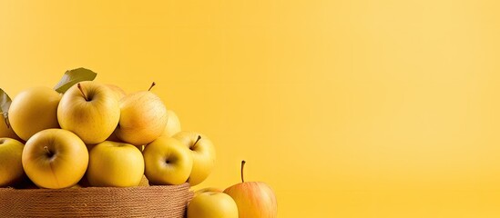 A basket of organic apples freshly harvested placed on a yellow background with ample copy space...