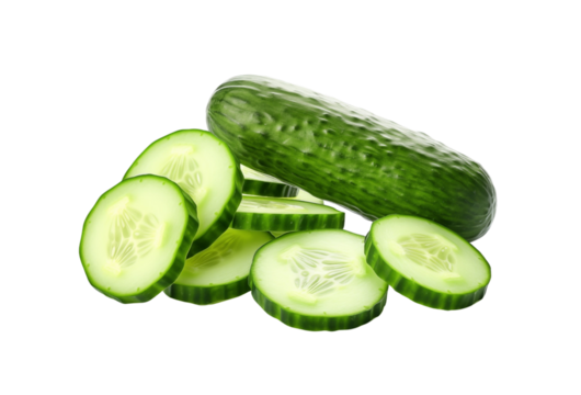 Fresh green cucumber with slices fanned out, isolated on a transparent background, capturing the essence of healthy eating. Generative AI