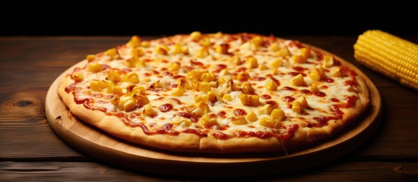 A delicious pizza with golden corn and a generous amount of mozzarella cheese beautifully presented on a pizza box ready to be enjoyed Copy space image