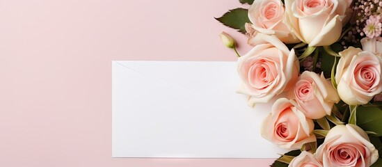 A blank greeting or invitation card mockup is featured in the image along with an envelope and a bouquet of flowers The white card provides ample copy space for customization
