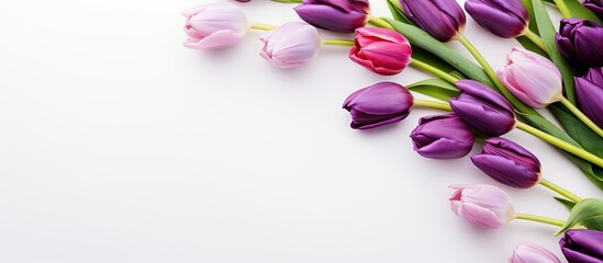 A closeup of purple tulips and pink roses on a white background positioned on the left side It represents the concept of the spring season The composition is minimal with a flat lay of colorful tulip