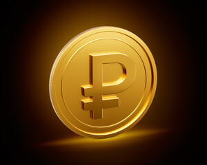 Golden Shiny Rounded Russian Ruble Coin Isolated On Shiny Golden Glow Background 3d Illustration