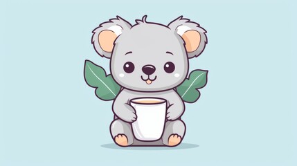 Cute koala drinking boba milk tea with branch wood tree cartoon vector icon illustration animal flat
