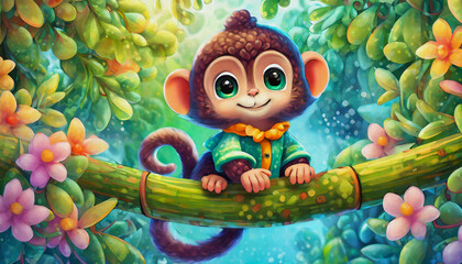 oil painting style CARTOON CHARACTER CUTE baby Monkey hanging on a bamboo branch, animal, 