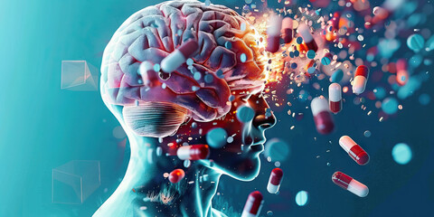 Prescription Drug-Induced Neurological Disorders: The Brain Damage and Cognitive Impairment - Imagine a person with a highlighted brain affected by prescription drugs, experiencing brain damage