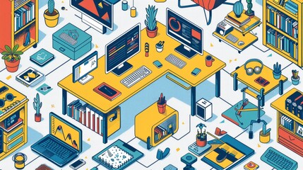 Obraz premium isometric home office with desk, computer, books and plants