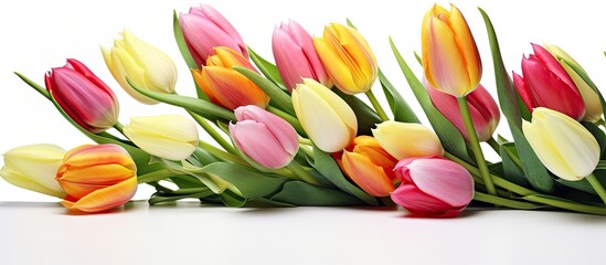 A beautiful bouquet of tulips on a white background with plenty of copy space for your design needs