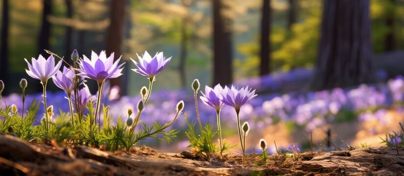 A copy space image featuring a beautiful woodland garden with a blooming purple Pasque flower