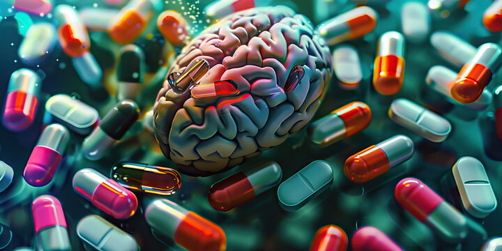 Prescription Drug-Induced Neurological Disorders: The Brain Damage and Cognitive Impairment - Imagine a person with a highlighted brain affected by prescription drugs, experiencing brain damage