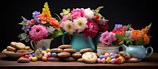 A beautifully decorated Easter table featuring vibrant spring flowers colorful eggs and sugary cookies Perfect for a greeting card background with plenty of space for text. with copy space image