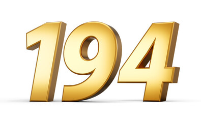 3d number 194 one hundred ninety four Gold text isolated on white background with reflection 3d illustration