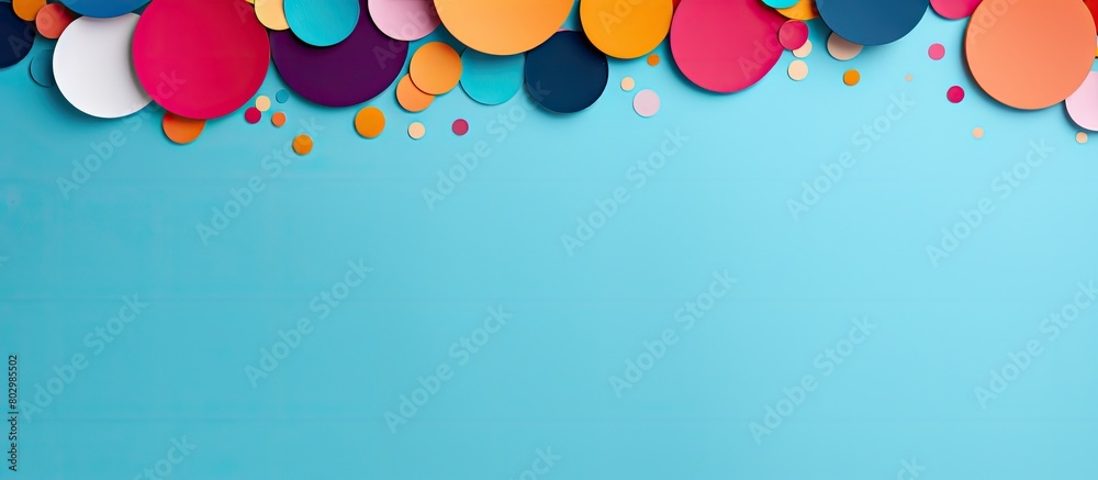 Aufkleber A colorful abstract backdrop with scattered paper circles creates a festive composition for celebration This beautiful decor for the party offers a view from above emphasizing the flat lay of the cop